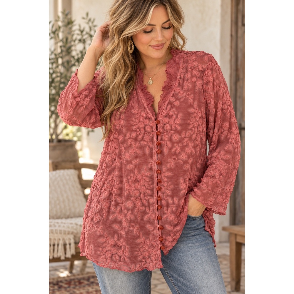 Soft Surroundings Pink Floral Embroidered Sheer Mesh Button Front Top M L